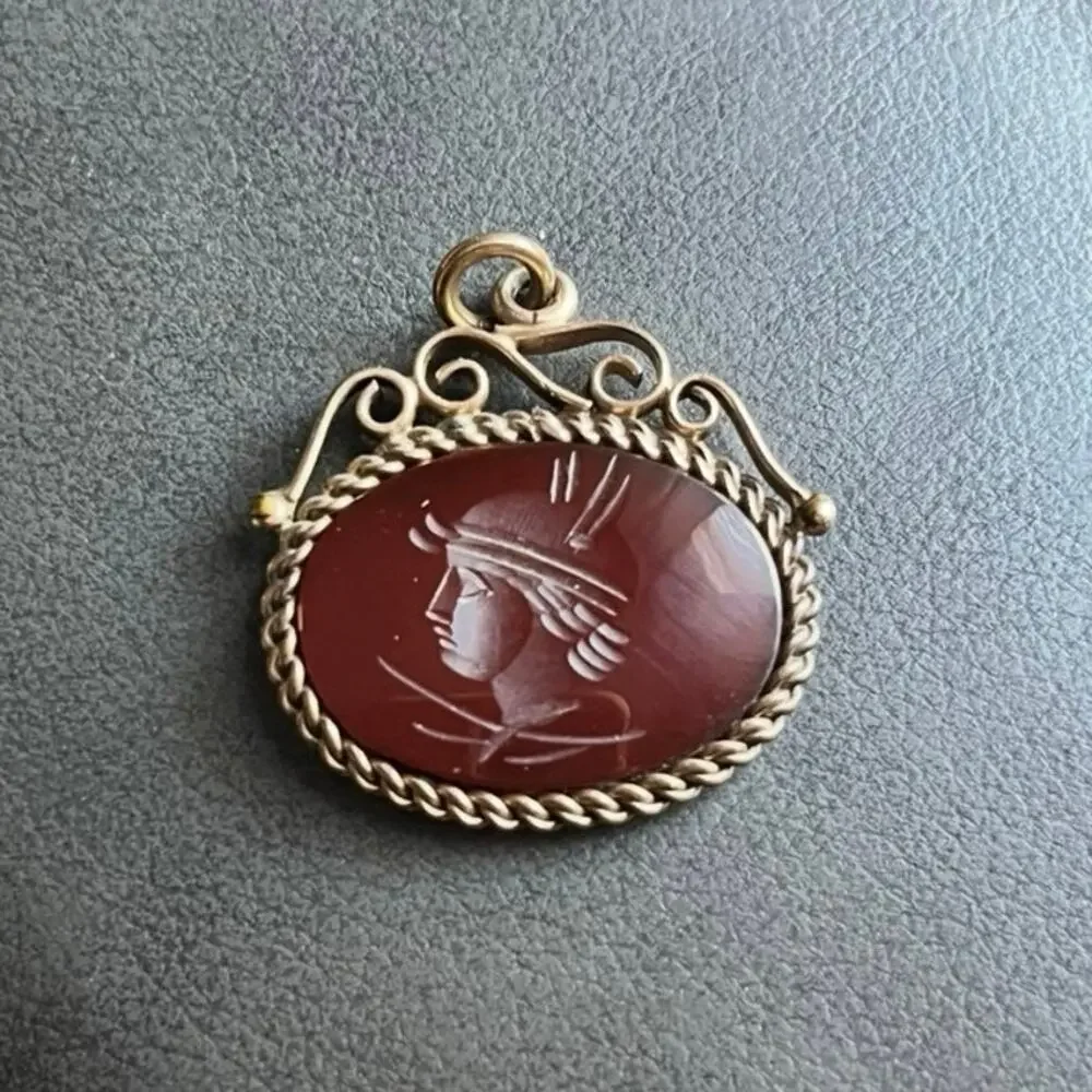 Antique Victorian Gold‎ Filled  Carnelian Intaglio Centurion Roman Pendant